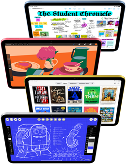 Front facing iPad screens show a variety of Apple apps and App Store apps