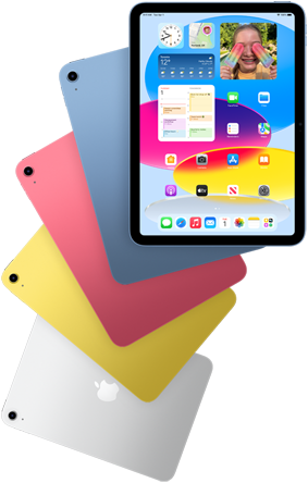 Front view iPad shows home screen, behind are four back-facing iPad models in blue, pink, yellow, and silver