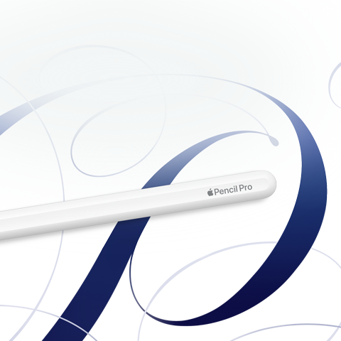 Apple Pencil Pro, white, shown on a white background with blue swirls
