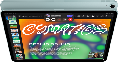 iPad Air, Blue colour, top exterior, screen showing Keynote app on screen sharing feature during FaceTime video call, back exterior, 12MP Wide back camera, volume-up button, volume-down button