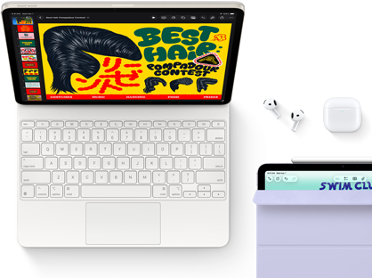 iPad Air, Starlight colour, colourful graphics on screen, attached to Magic Keyboard, AirPods Pro and Apple Pencil Pro accessories