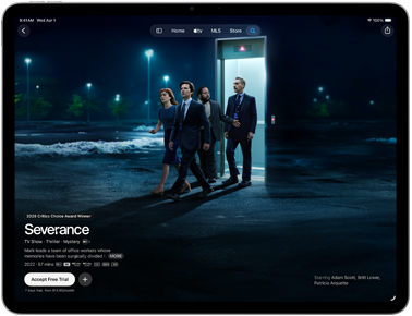 iPad Air, front exterior, screen displays Severance on Apple TV app