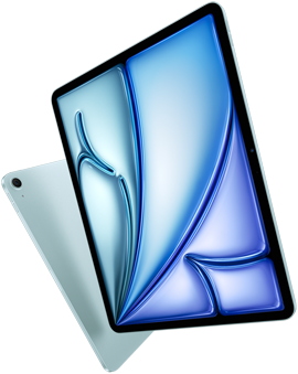 Front angle of 13-inch iPad Air, colourful display on screen, 11-inch iPad Air with back exterior and 12MP Wide back camera