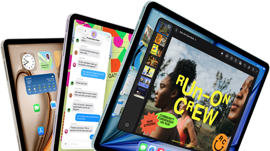 Three iPad Air displays in fan-like arrangement, colours: Blue, Purple, Starlight, front exterior, side exterior, apps on screen display include Keynote app, Messages and Home Screen