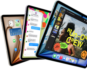 Three iPad Air displays in fan-like arrangement, colours: Blue, Purple, Starlight, front exterior, side exterior, apps on screen display include Keynote app, Messages and Home Screen