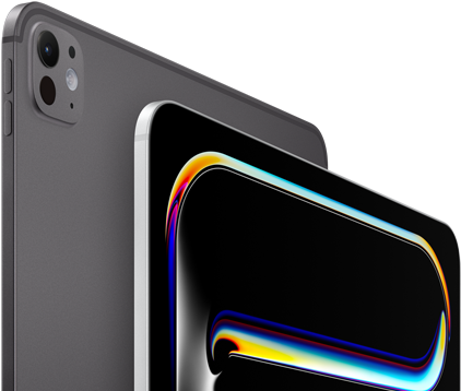 iPad Pro, back side exterior, space black colour, volume buttons and pro camera system, iPad Pro, front side exterior, silver colour, rounded corners, black display bezel, display showing black background with multicoloured abstract line art