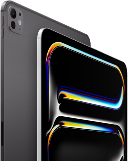 iPad Pro, back side exterior, space black colour, volume buttons and pro camera system, iPad Pro, front side exterior, silver colour, rounded corners, black display bezel, display showing black background with multicoloured abstract line art
