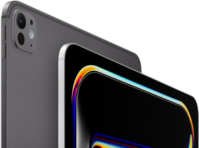 iPad Pro, back side exterior, space black colour, volume buttons and pro camera system, iPad Pro, front side exterior, silver colour, rounded corners, black display bezel, display showing black background with multicoloured abstract line art