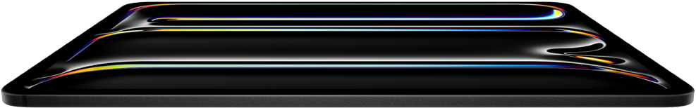 iPad Pro, front exterior, space black colour, aluminum and glass enclosure, thin profile, tilted back with display showing multicoloured line art