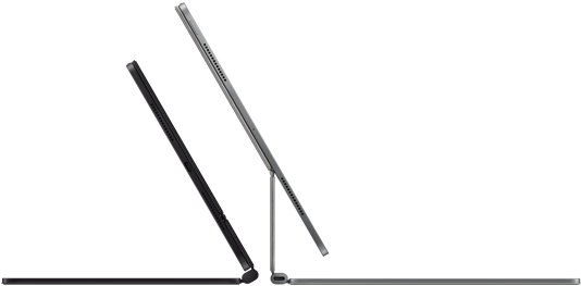 2 iPad Pro devices attached to Magic Keyboard, side exterior, thin profile, space black colour with speakers and USB-C port, tilted half open, silver colour, open, tilted back showing the keyboard’s floating cantilever design, speakers and microphone