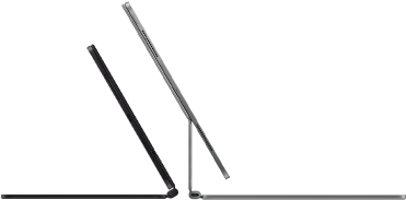 2 iPad Pro devices attached to Magic Keyboard, side exterior, thin profile, space black colour with speakers and USB-C port, tilted half open, silver colour, open, tilted back showing the keyboard’s floating cantilever design, speakers and microphone