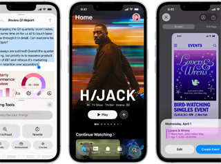 Side-by-side iPhone 17e devices showing different screens: a game being played, Writing Tools, Apple TV app, a calendar event being created, a Genmoji being created