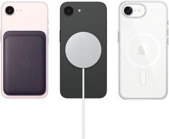 iPhone 17e in soft pink colour with FineWoven Wallet in midnight purple colour, iPhone 17e in black colour and MagSafe Charger, iPhone 17e in white colour with Clear Case with MagSafe