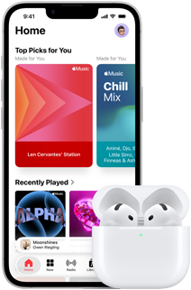 iPhone 17e, front exterior, Apple Music app with Home Screen open, next to AirPods Pro 3 in open MagSafe Charging case