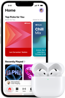 iPhone 17e, front exterior, Apple Music app with Home Screen open, next to AirPods Pro 3 in open MagSafe Charging case