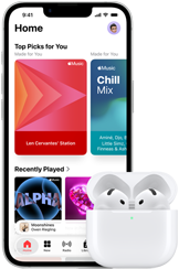 iPhone 17e, front exterior, Apple Music app with Home Screen open, next to AirPods Pro 3 in open MagSafe Charging case