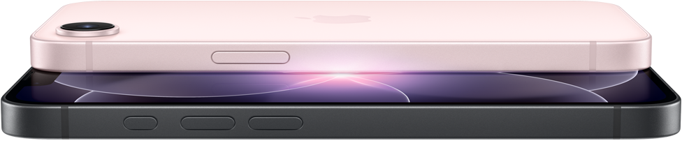 iPhone 17e, horizontal side and back exterior, soft pink colour, iPhone 17e, horizontal side and front exterior, black colour