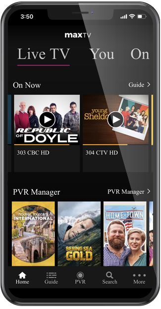 A phone showing the SaskTel maxTV app