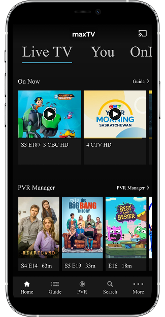 A phone showing the SaskTel maxTV app