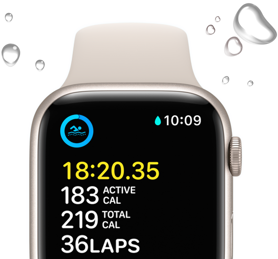 Apple Watch SE displaying a swim workout screen with water droplets framing the device.