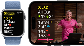 Workout metrics shown on Apple Watch and an Apple Fitness+ workout on iPhone