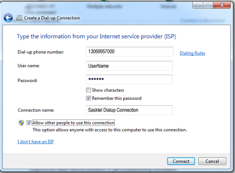 Creat a Dial-up Connection - Connect
