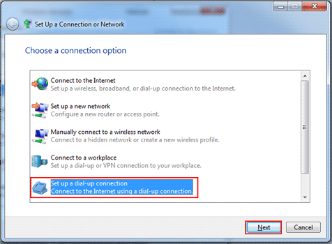 Setu up a dial-up connection