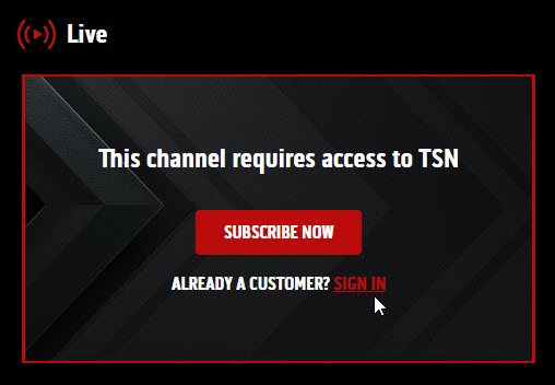 TSN Live "SIGN IN" link on a computer