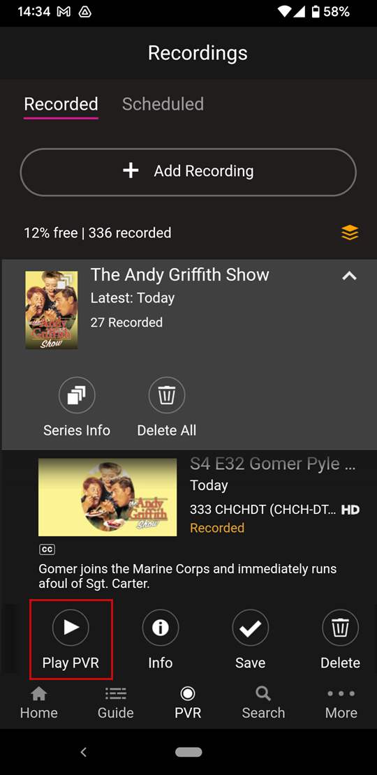 Using the SaskTel maxTV app to manage and watch maxTV PVR recordings