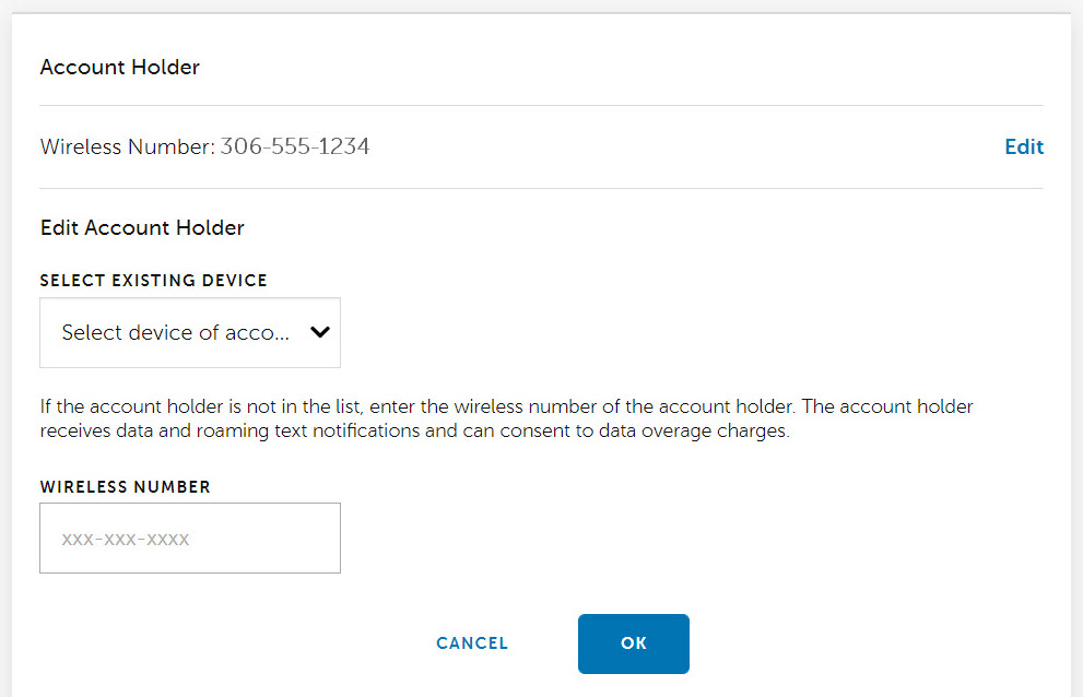 Business Updating an account holder's wireless phone number in