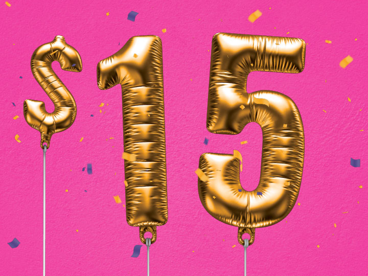 1 and 5 number balloons on a pink background surrounded by confetti.