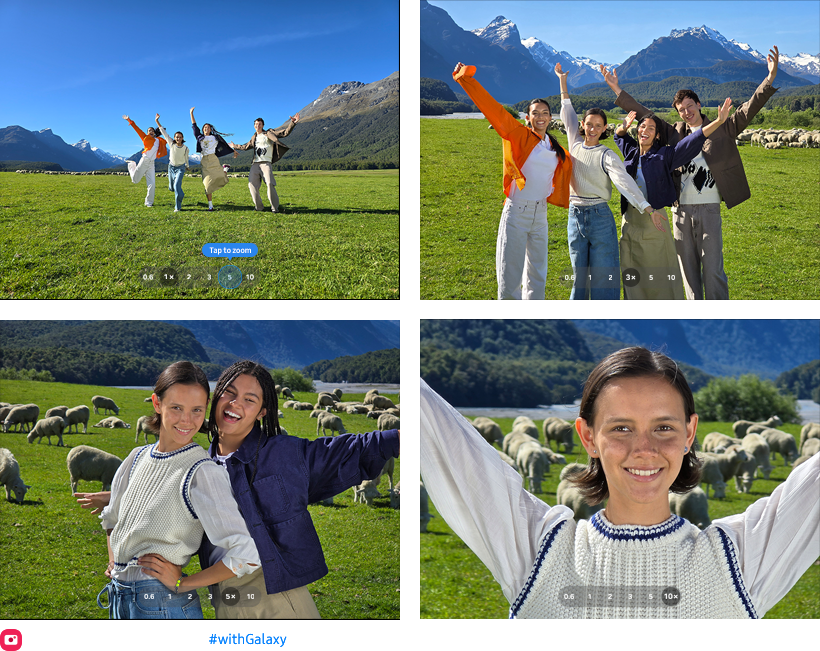 A photo of an open field and mountains with figures near the horizon taken at 1x zoom. A photo of an open field and mountains with a group of friends in the foreground 3x optical zoom.
                            A portrait two friends with an open field and mountains in the background taken at 5x optical zoom.
                            A close-up portrait a woman with an open field and mountains in the background taken at 10x optical quality zoom.