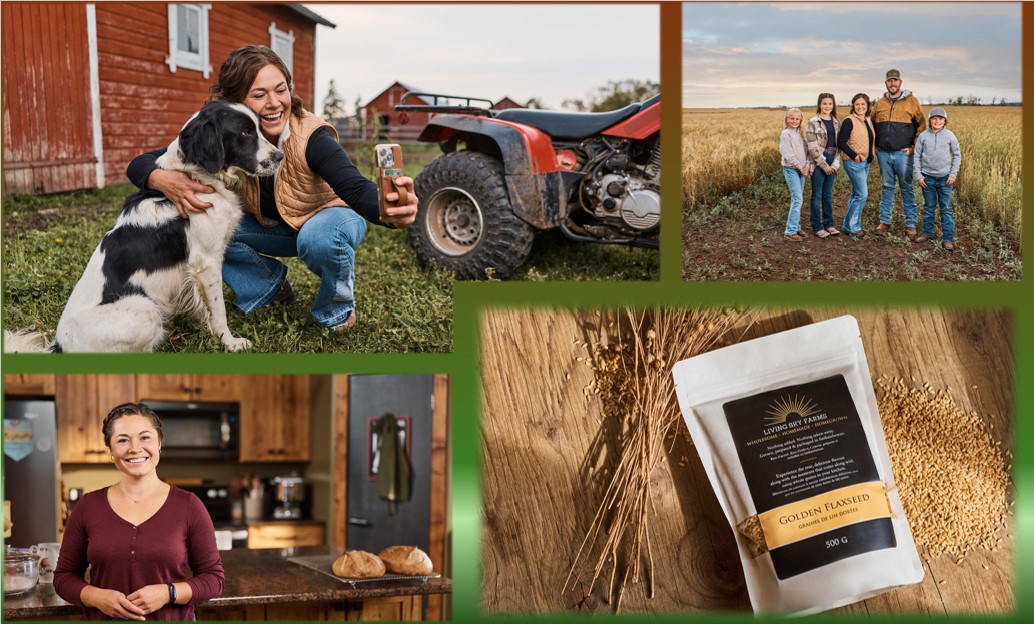 Living Sky Business Owner standing in a wheat field holding bags of their products