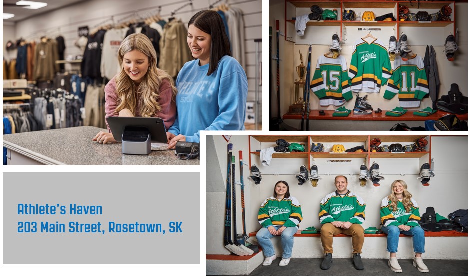 Collage of owners of Athletes Haven with photo of hockey jerseys