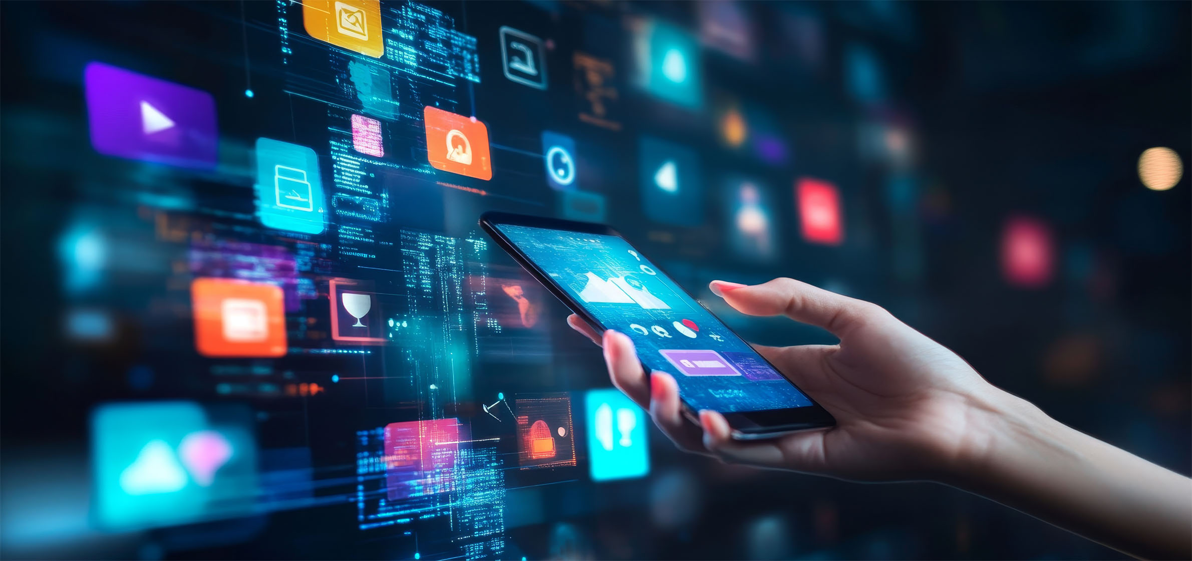 Mobile phone with various app applications floating in background