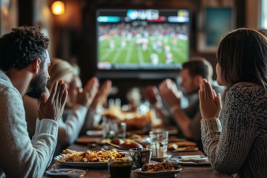 Full table at a restaurant with sports game airing in the background