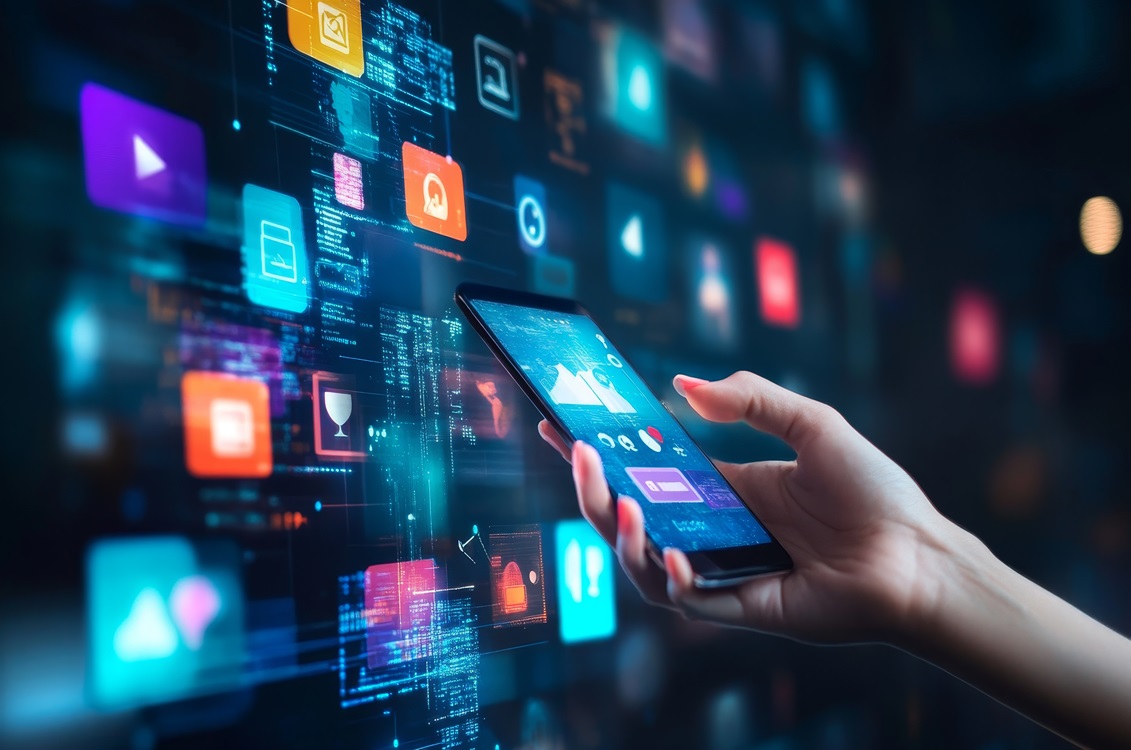 cellphone with application images floating in background