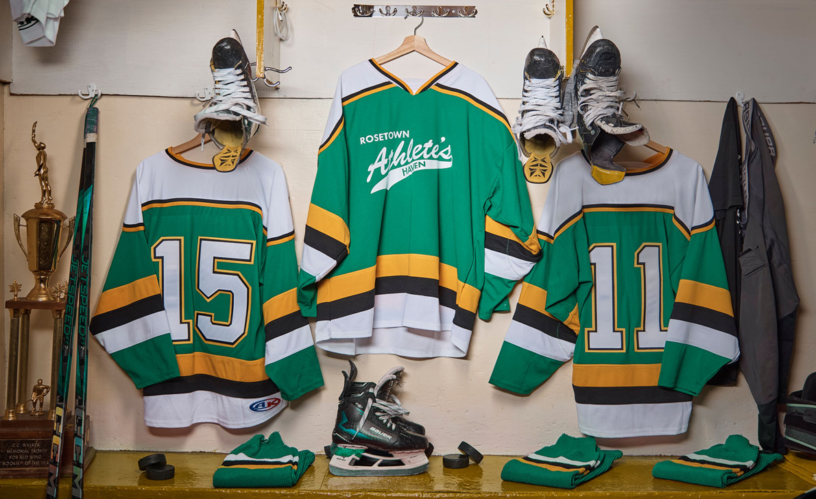 Athletes Haven Hockey Jerseys hanging in locker room