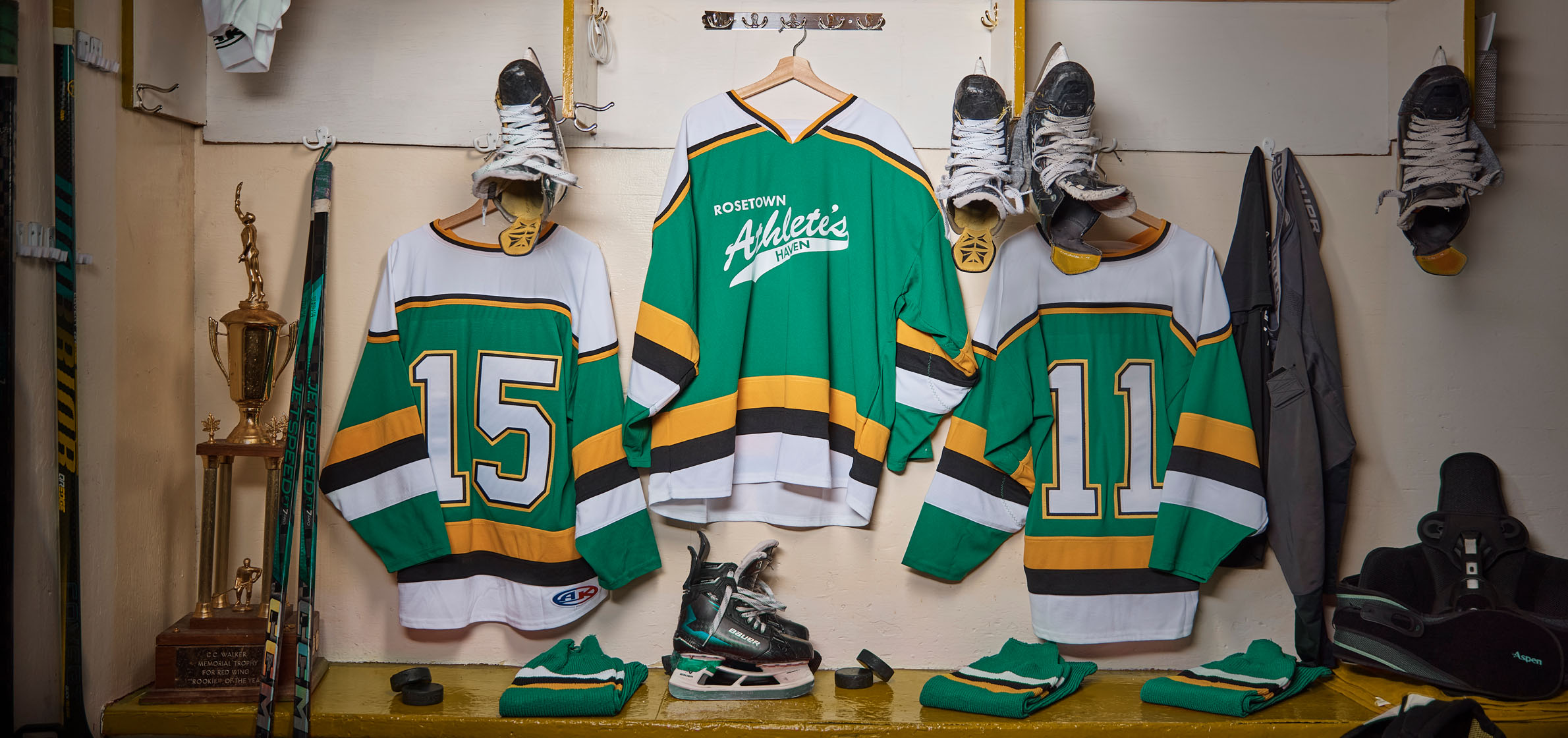 Athletes Haven Hockey Jerseys hanging in locker room