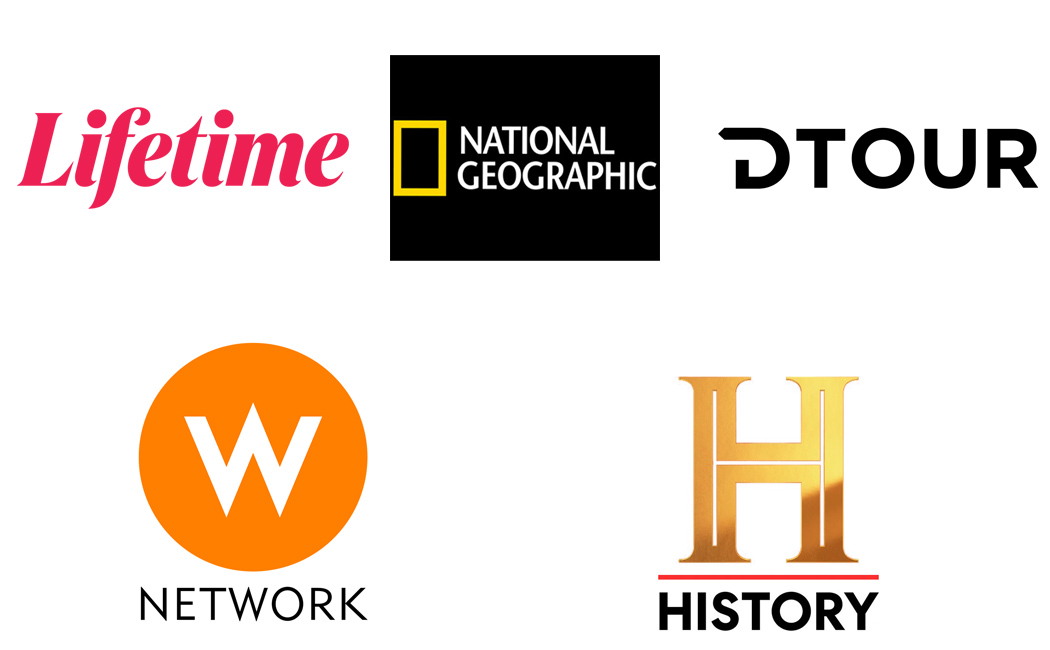 logos for Lifetime, National Geographic, DTour, W Network, and History channels
