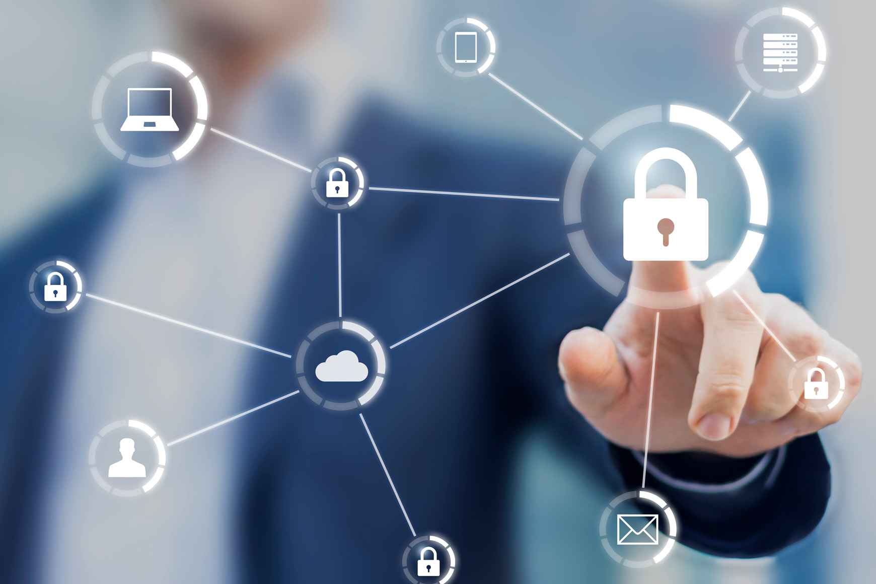 man touching lock icon in a web of related web icons